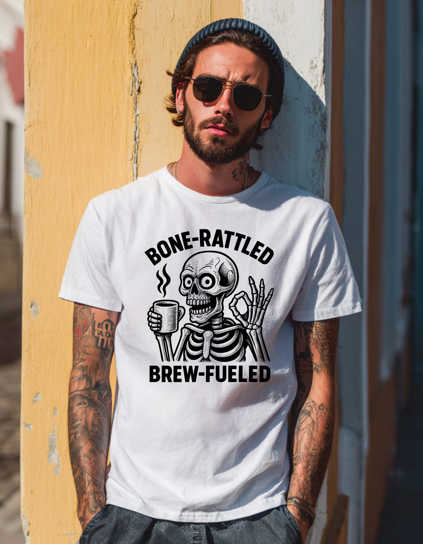 Bone-Rattled Brew-Fueled Skeleton Coffee T-Shirt for Men – Funny Caffeine Lover Graphic Tee – Cool Halloween & Everyday Streetwear Shirt, 100% Cotton Classic Fit