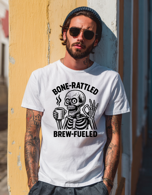 Bone-Rattled Brew-Fueled Skeleton Coffee T-Shirt for Men – Funny Caffeine Lover Graphic Tee – Cool Halloween & Everyday Streetwear Shirt, 100% Cotton Classic Fit