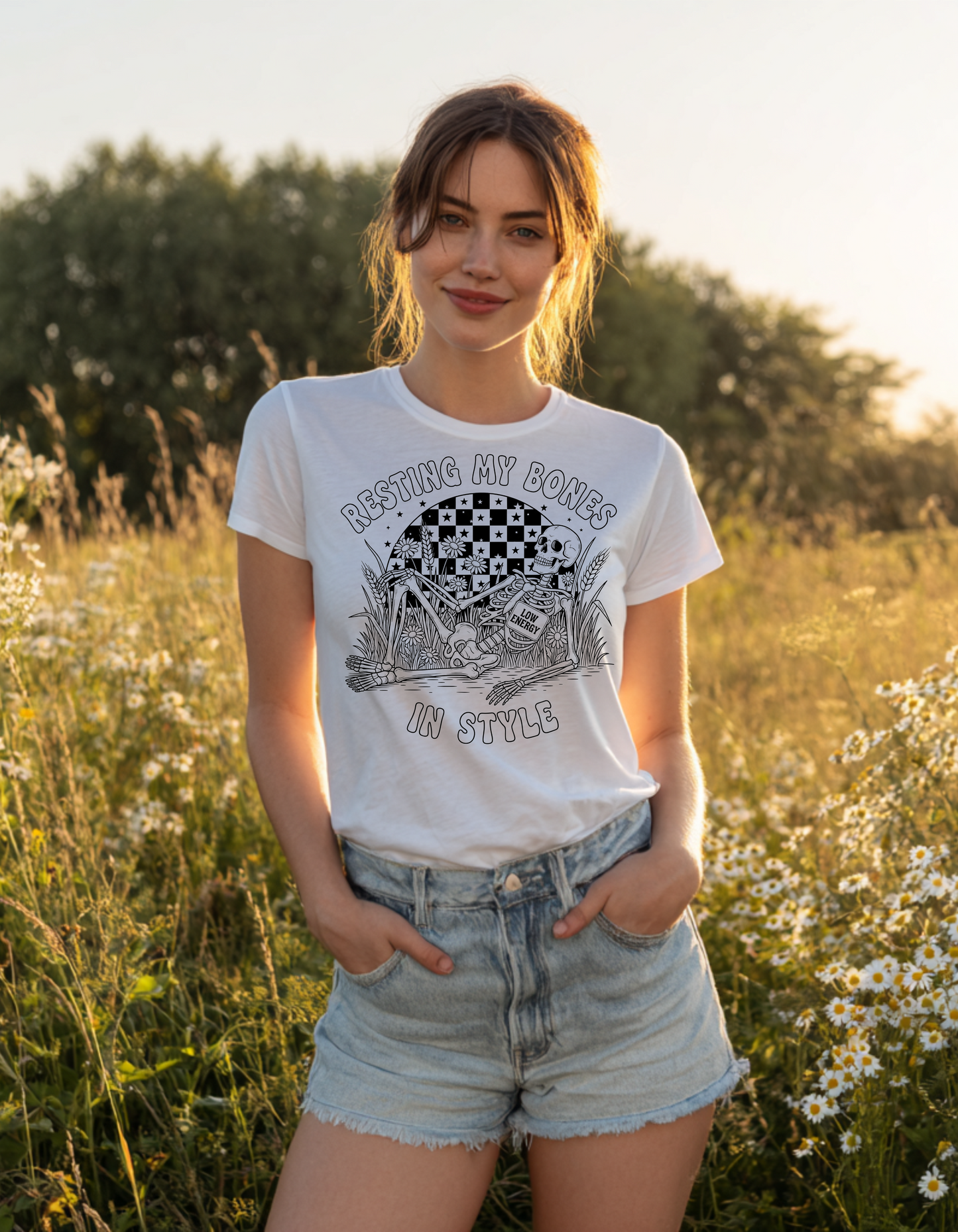 Resting My Bones in Style Women’s T-Shirt – Funny Skeleton Graphic Tee – Relaxed Vintage Vibes, Soft 100% Cotton Casual Top